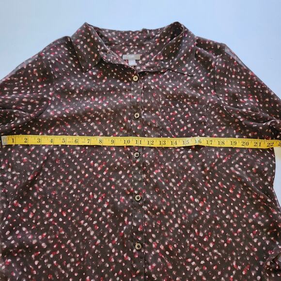 J Jill Deep Brown Sheer Polka Dot Print Button Down Tunic Size Petite Large - Picture 9 of 11